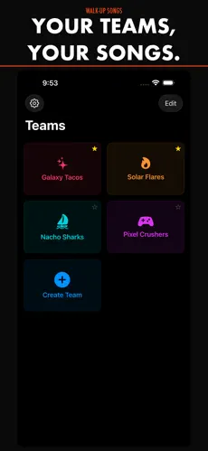 WalkUp Songs teams screen — manage multiple baseball and softball teams