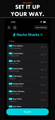 WalkUp Songs lineup screen — players with walk-up songs assigned