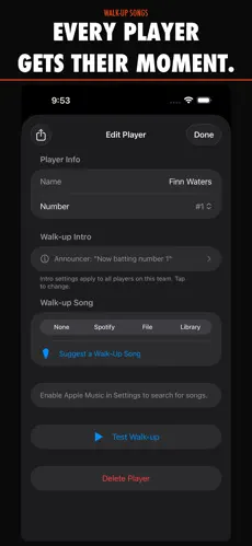 WalkUp Songs player editor — pick walk-up song from Apple Music, Spotify, or files