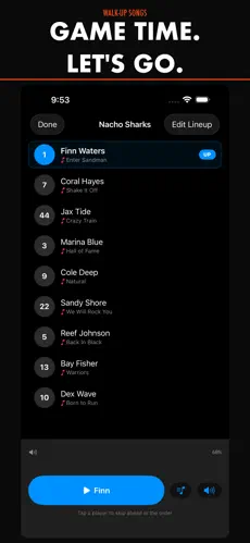 WalkUp Songs game day screen — tap to play walk-up music